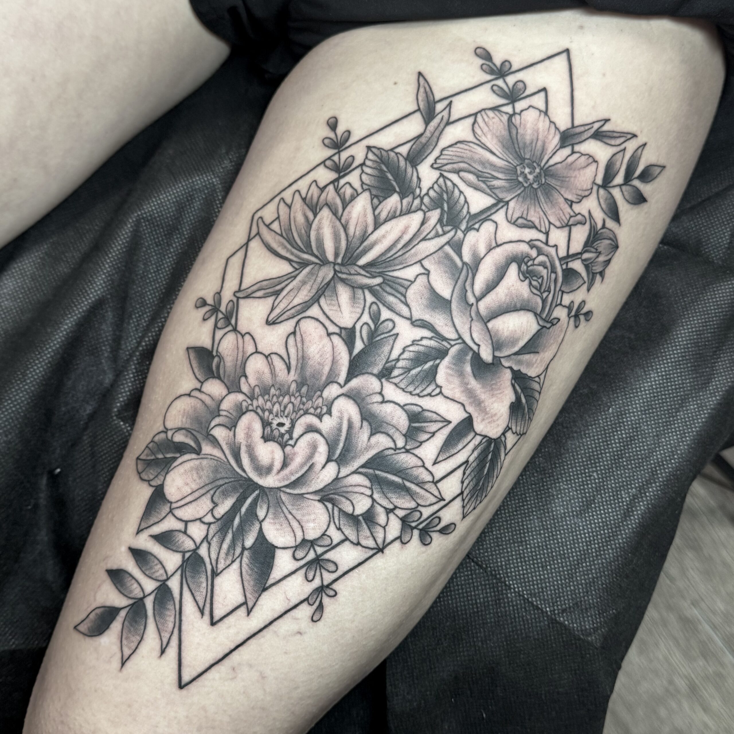 Geometric floral tattoo -Tom Veling - Orwigsburg, PA - black and grey - allentown - harrisburg - reading, pa